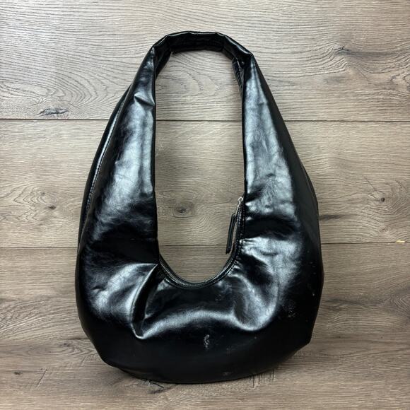 ZARA Shoulder Bag Hobo Black Faux Leather Slouchy Large Tote Purse Zip Closure - Picture 3 of 16